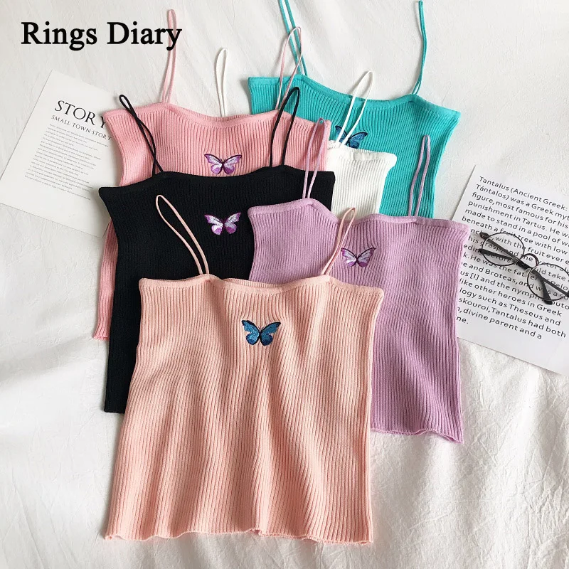 

Rings Diary Women Summer Strap Top Femme Skinny Camis Top Summer Slim Crop Tops High Street Butterfly Embroidery Casual Top