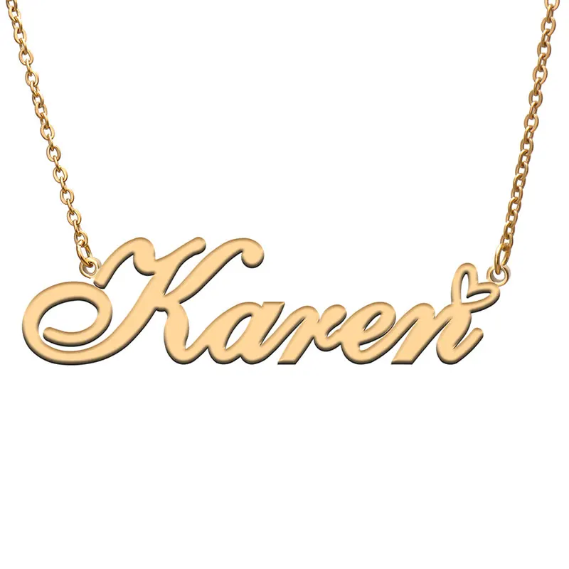 Karen with Love Heart Name Necklace for Women Stainless Steel Jewelry Nameplate Pendant Femme Mother Child Girls Gift