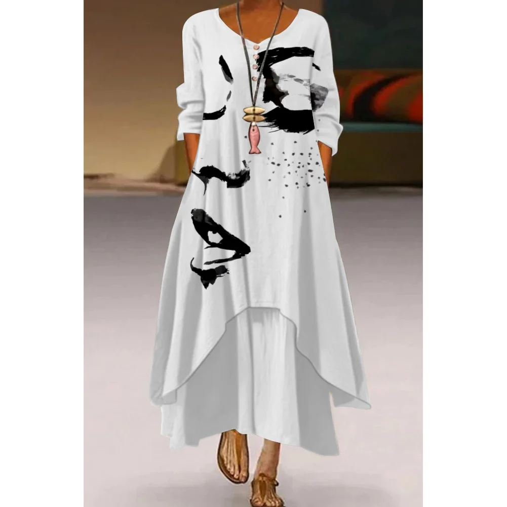 Abstract Painting Elegant Ladies Dress Beachwear Gothic Artistic Fashion Long Sleeve Dress Fashion Loose V-Neck Holiday Dresses