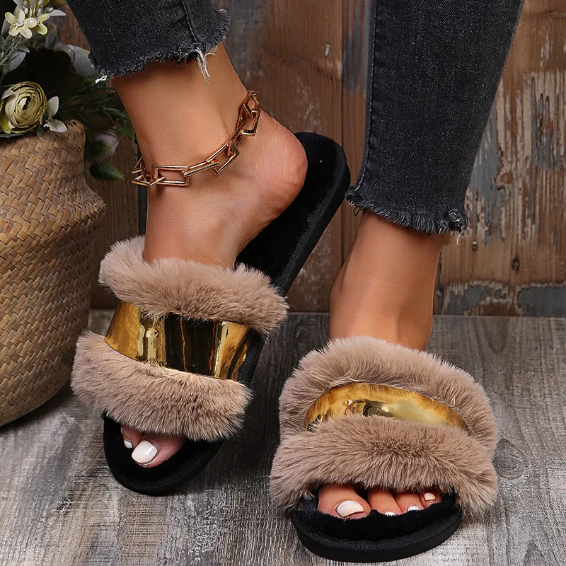 COOTELILI 2024 New Fashion Slippers Women Winter Keep Warm Shoes For Women With Plush Flat Heel Black Basic Size 36-41