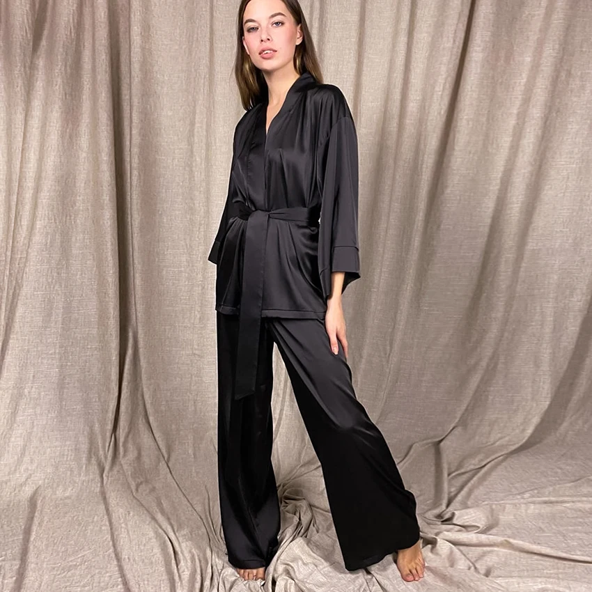 Solid Color Sleepwear Loose Flare Home Pants Three Quarter Sleeve Satin Robe Sets Bathrobe For Women Pajama Fashion Spring 2021