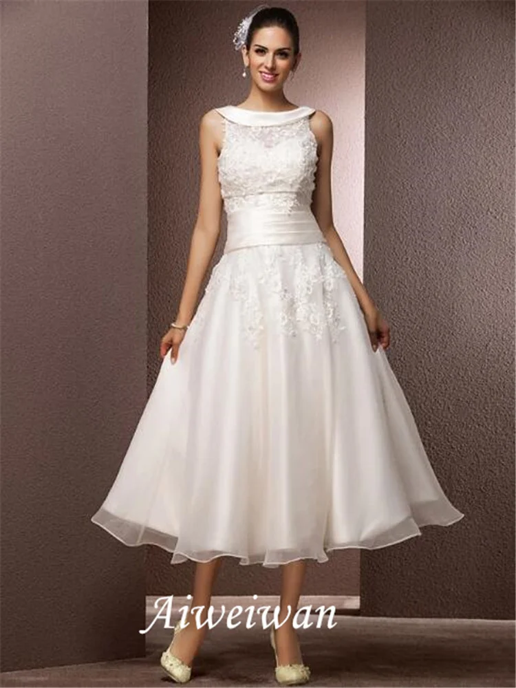 Linha a vestidos de casamento bateau pescoço chá comprimento organza florallace correias regulares formal casual ilusão detalhe com apliques2021