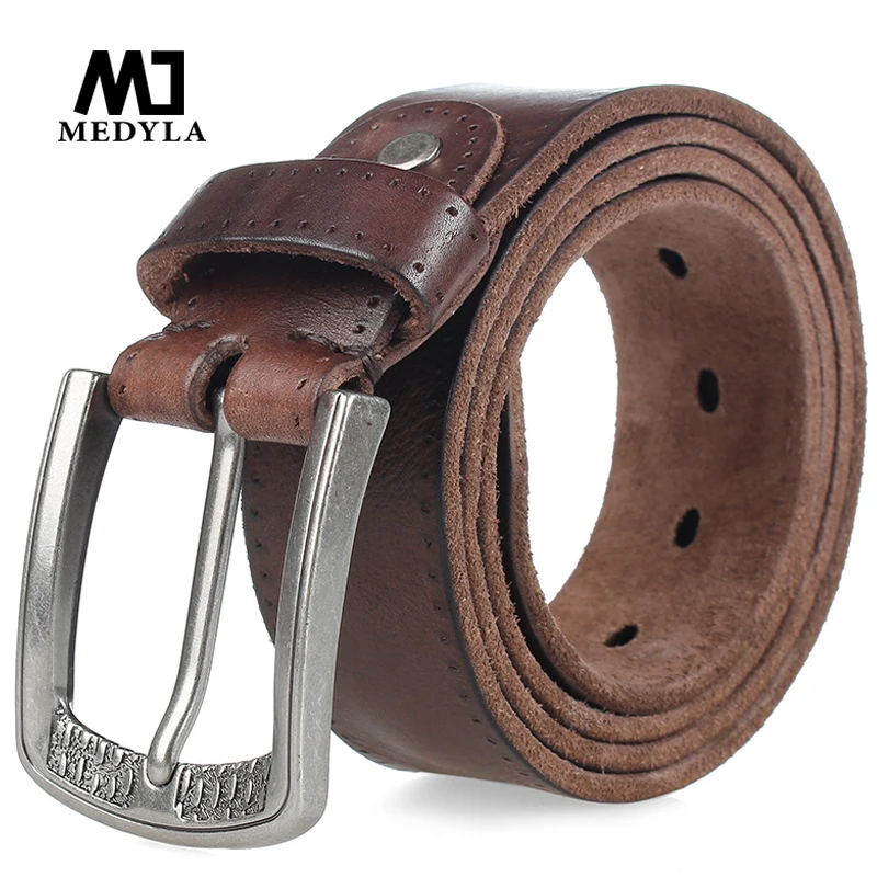 MEDYLA Pasek męski Naturalna skóra bydlęca Pasek Vintage Alloy Pin Buckle Jeans Paski Pasek Casual Skórzany Pasek Dla Mężczyzn DSW533