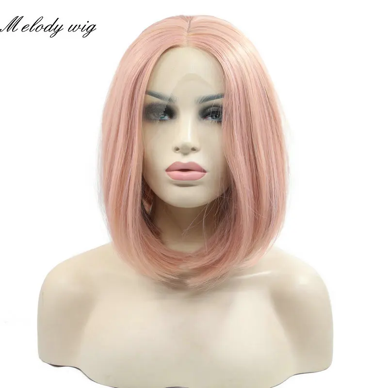 

Melody Synthetic Lace Front Short Straight Bob Wig Rose Pink Pastel Color Heat Resistant Fiber for Women Natural Looking Daily
