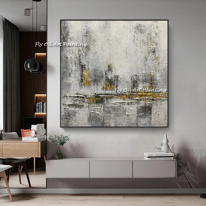 Abstract Landscape  Wall Art Canvas Painting Lovers and City View Oil Painting Pictures for Living Room Decor