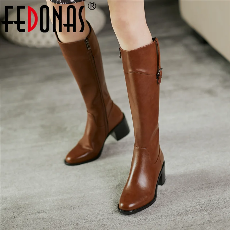 FEDONAS Vintage Side Zipper Knee High Boots Women Newest Genuine Leather High Heels Shoes Woman Wedding Party Basic Women\'s Boot