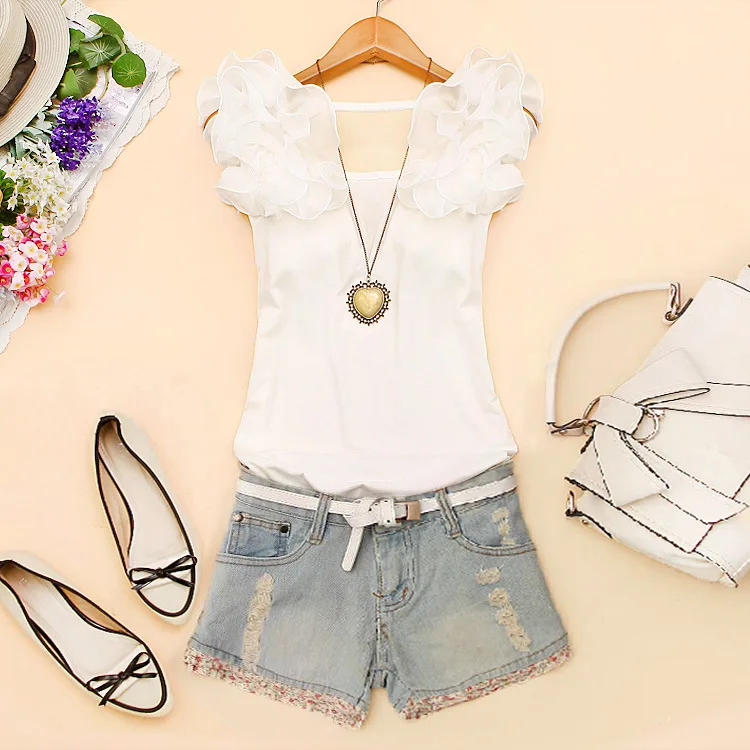 

Short sleeve t-shirt for women, round neck top, casual, cotton, sexy, Halter, ruffle, summer, new, 2024