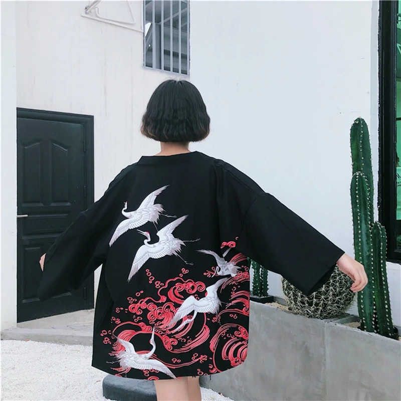 

Japanese kimono traditional obi new feeling Crane pattern clothing kimomo japanese cardigan kimono japones women haori