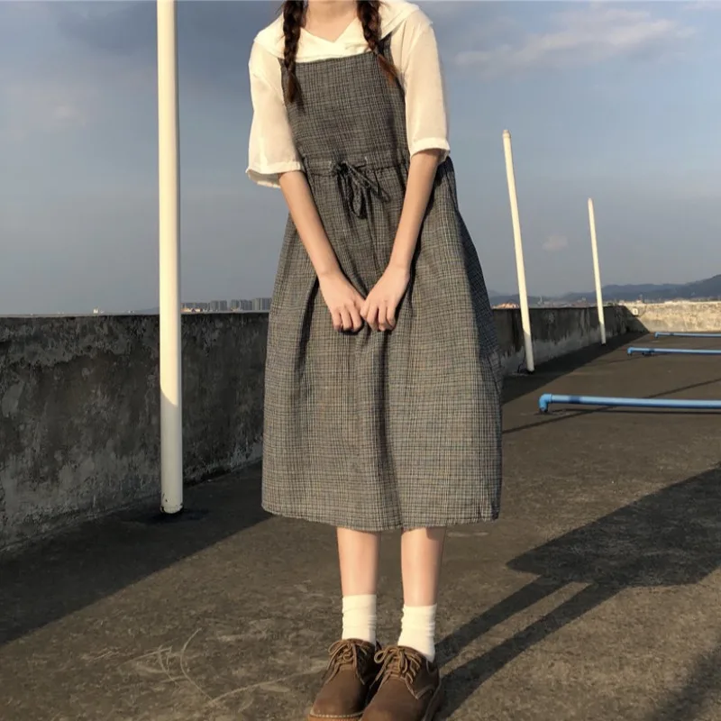 Japaneser College Style Retro Hipster luźne odchudzanie w kratkę z pasem sukienka sukienka wróżki spotkanie przy herbacie sukienka lolita słodka lolita lalka