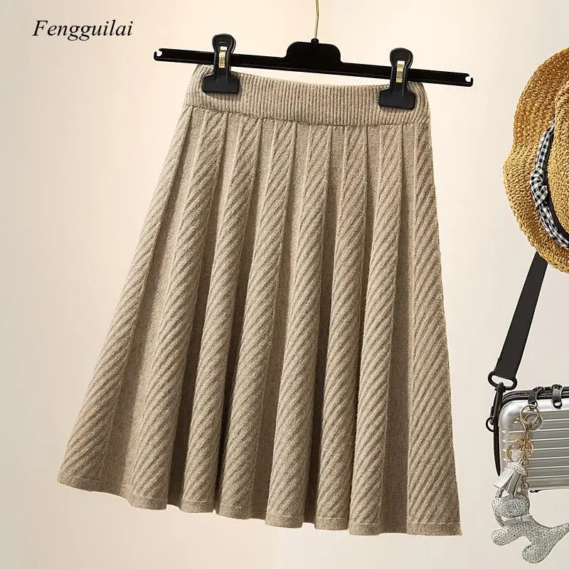 New Autumn Winter Knit Pleated Women Umbrella Strechable High Waist Above Knee Skirt