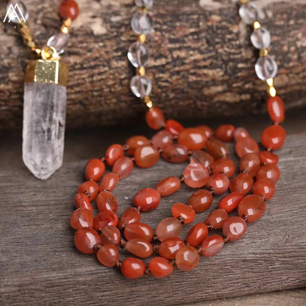 Natural White Quartz Freeform Point Pendant Red Agates Irregular Chip Beads Cord Knotted Necklace Handmade Mala Yoga Jewelry