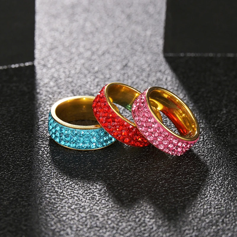 Auxauxme Fashion 3 Rows White Stone Wedding Rings For Women Stainless Steel Pink Red Green Stones Engagement Jewelry For Lover