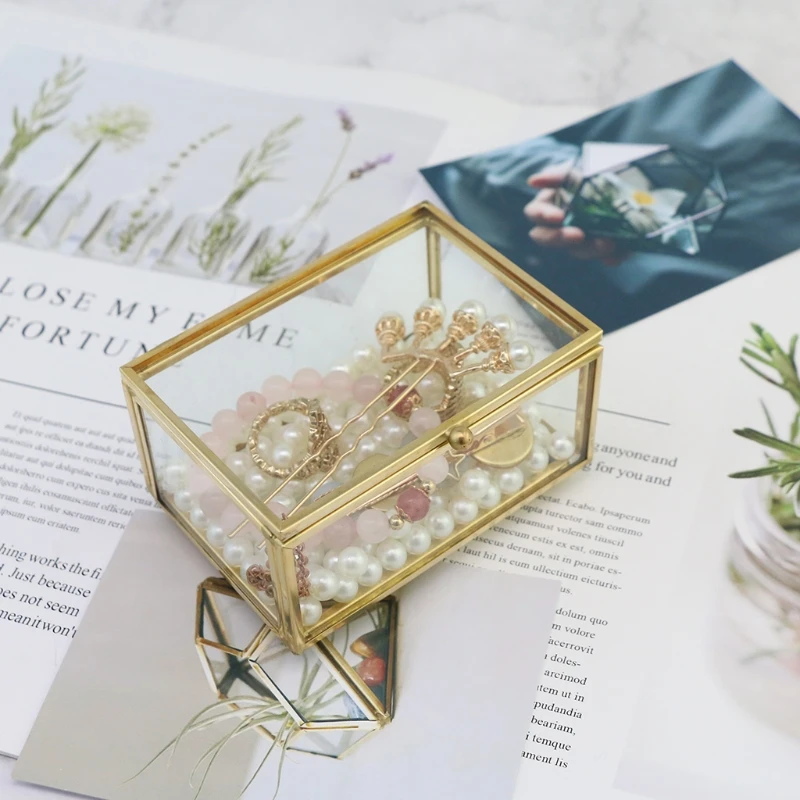 Retro Rectangle Transparent Golden Glass Ring Box Wedding Geometric Jewelry Organizer Home Decorative Box for Storage Trinket