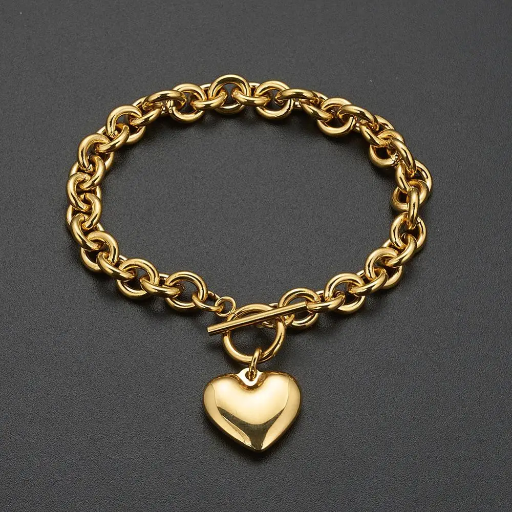 8mm Wide 7-11inch Fashion Gold Color 316L Stainless Steel O link Chain Bracelet Women Heart Bangle Wholesale Jewelry Gift