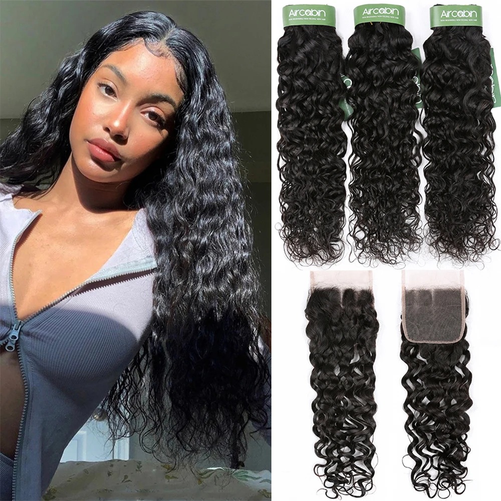 

Aircabin Peruvian Water Wave Bundles With Closure Remy Human Hair Water Weave Lace Closure 3/4 Bundles With Closure