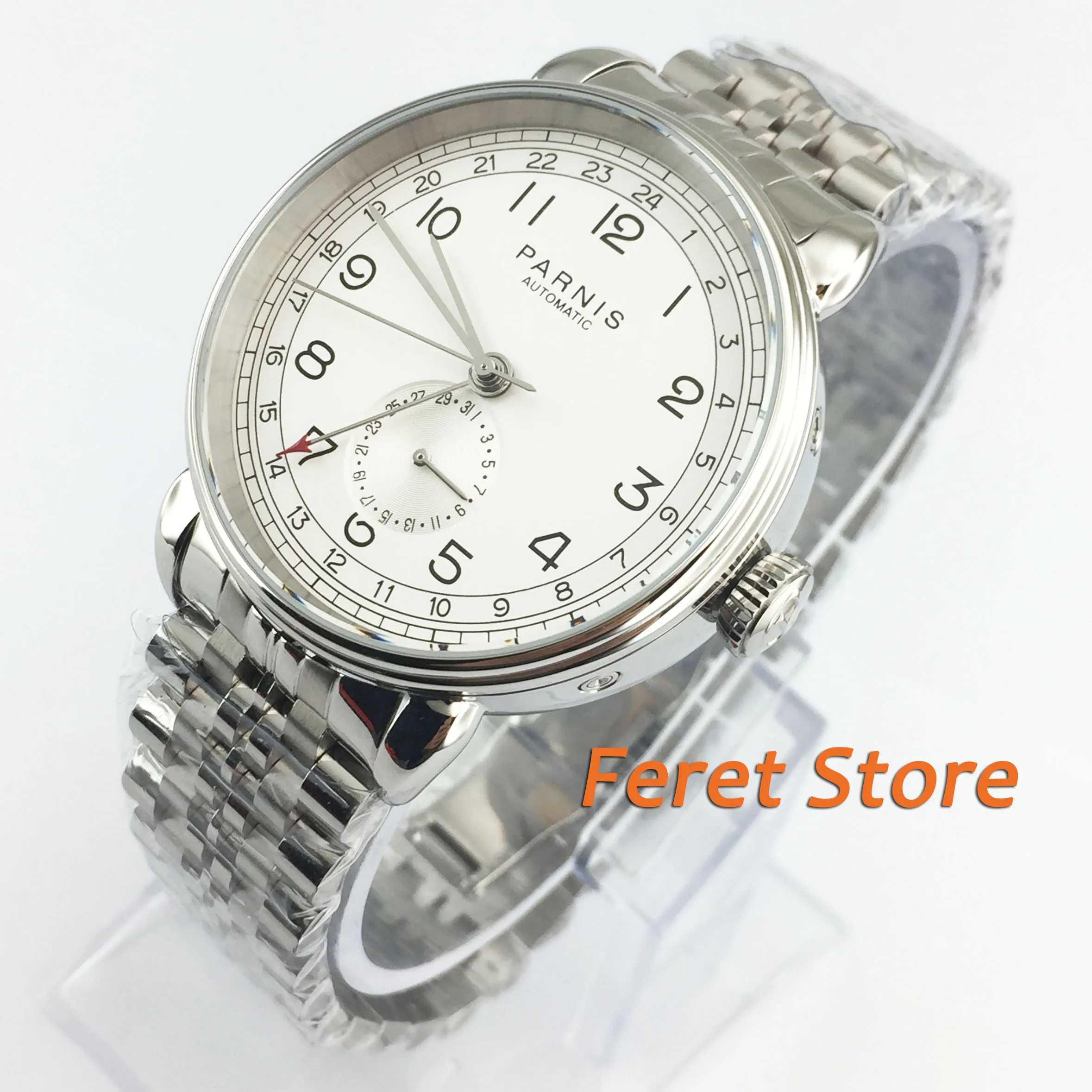 

New 42mm Parnis stainless steel case white dial GMT arab mark mens top business automatic mechanical watch