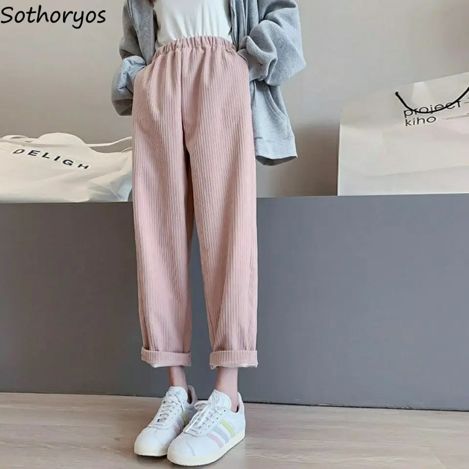 

Corduroy Harem Pants Women Solid Autumn Elastic Waist Empire Ankle Length Casual Trousers Sweet Girls Pink Students Loose Cozy