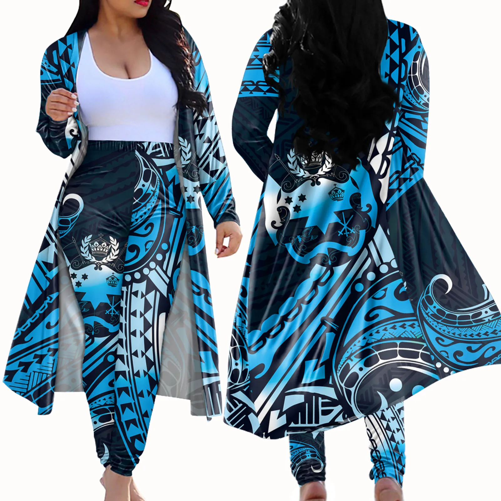 Wholesale Polynesian Tattoo Kimono Jacket Tonga Tribal Tatau Tracksuit Matching Cardigan Set Custom Long Pant Cardigan