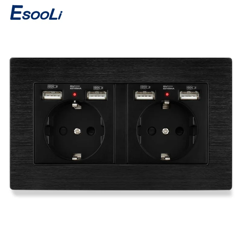 

Esooli Black Aluminum Panel EU Standard Wall Socket With 4 USB Charge Port For Mobile Hidden Soft LED Indicator