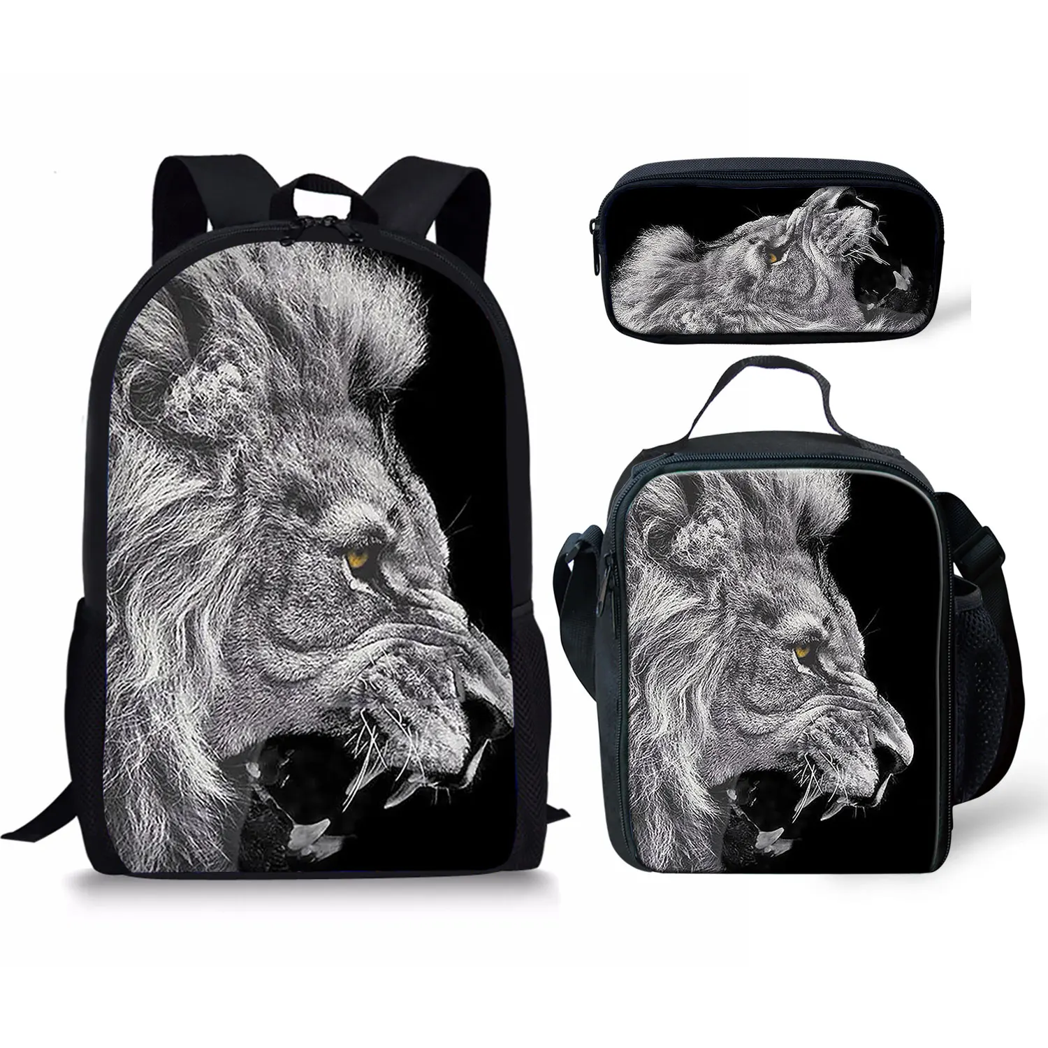 

Three-piece Custom Combination Lion Tiger And Panther Print Pattern Backpack Set Women Man Light Pen Lunch Box Case