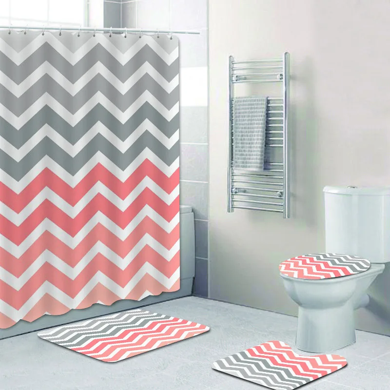 4PCS Set Trendy Grey Turquoise Blue Fade Chevron Waterproof Shower Curtain Bathroom Curtain Set Bath Mat Rug Carpet Home Decor image 2