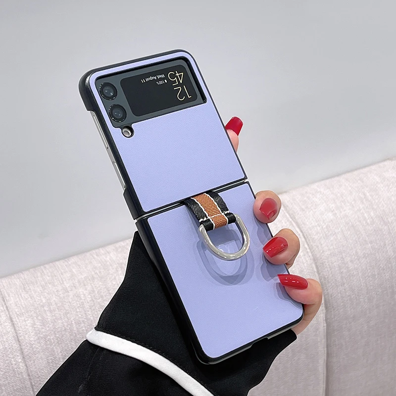 

Z Flip 3 Funda Case for Samsung Galaxy Z Flip 3 Metal Ring Light Purple PU Leather Coque Protection Phone Case Cover Z Flip 3