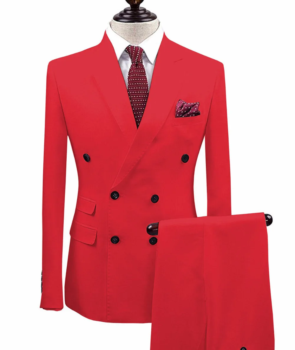 Tailored Men'S Suit Slim Fitted 2pcs Grey/Blue/Red Double-Breasted Jacket Tuxedo Blazer Trousers Wedding Party Wear Jacket+Pants