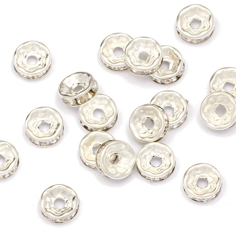 50pcs/lot 4 6 8 10mm Silver Color Rhinestone Rondelles Crystal Beads Round Loose Spacer Beads for DIY Jewelry Making Accessories