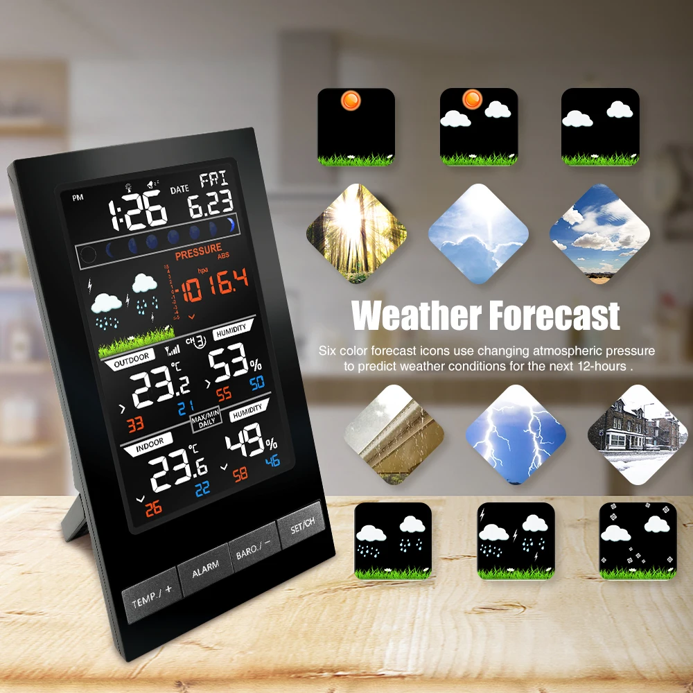 Wireless Weather Station Indoor Outdoor Thermometer Color Forecast Digita Station Alarm with Temperature/Humidity/Barometer