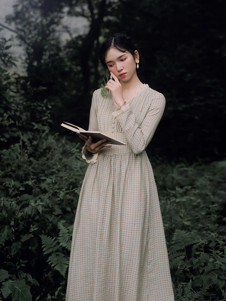 Women Autumn 2020 French Vintage Elegant SLim Lace V-Neck SLeeve Thick Long Dress clothes elbise robe longue femme vestidos