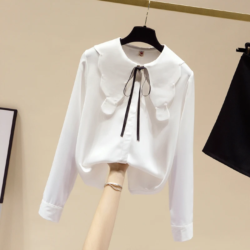 Women's Korean Fashion Shirt 2021 Spring New Lace-up Bowknot Beaded Doll Collar Long-sleeved Chiffon Shirt Female Blouse Top