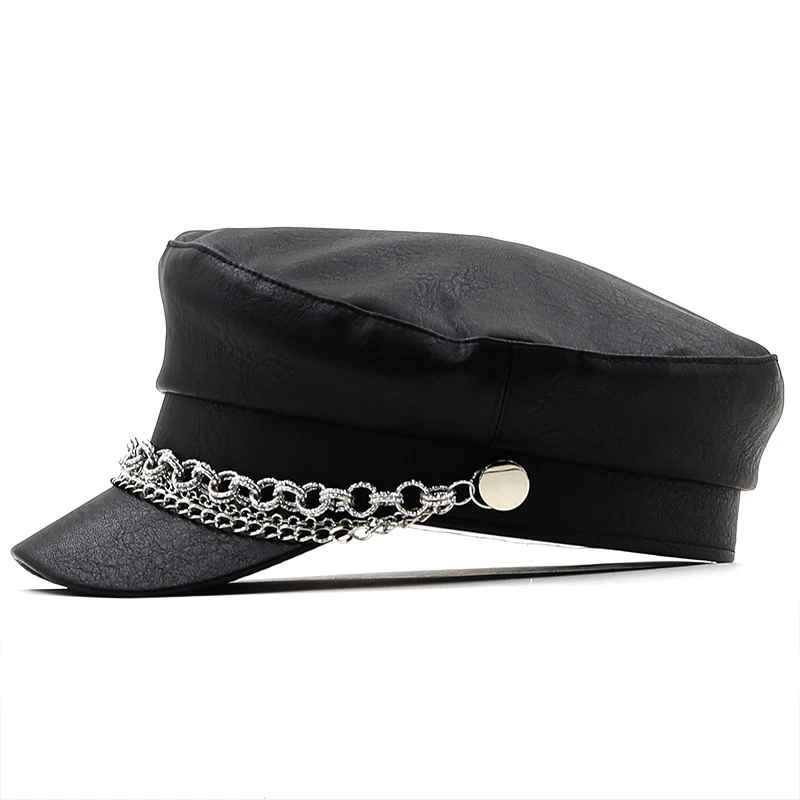 Women Ladies Autumn Winter Beret Hat PU Leather British Style Flat Top Octagonal Cap Adjustable Female Hat