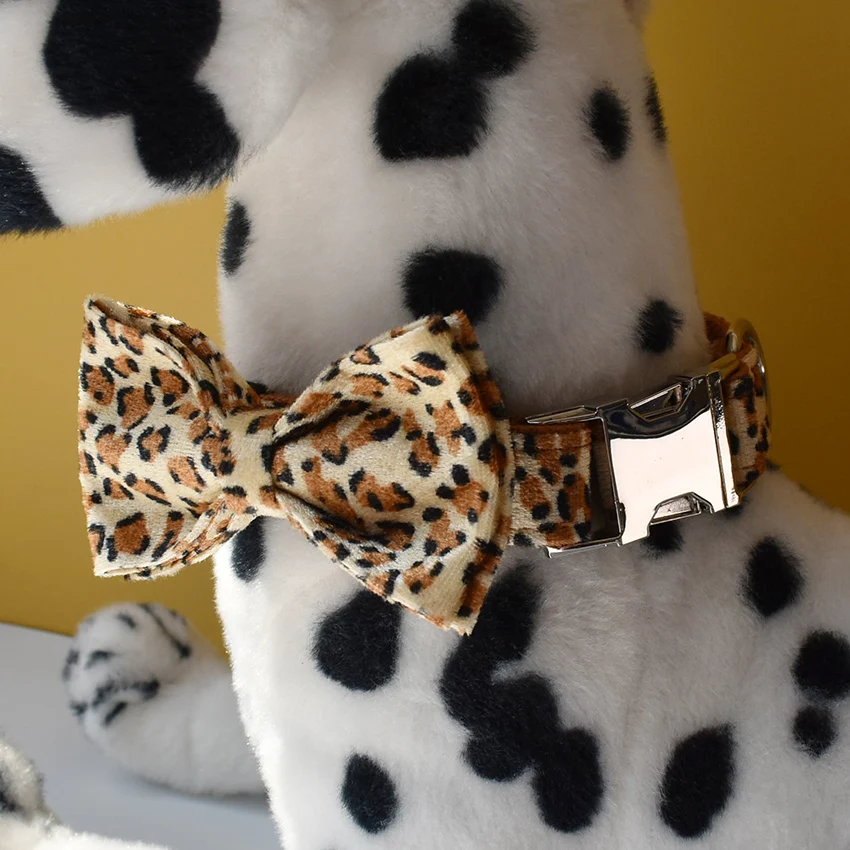 Leopard Print Bow Tie Dog Collar For Small Medium Large Dogs Custom Collars Engraved Nameplate Pet Supplies Necklace Animal 01