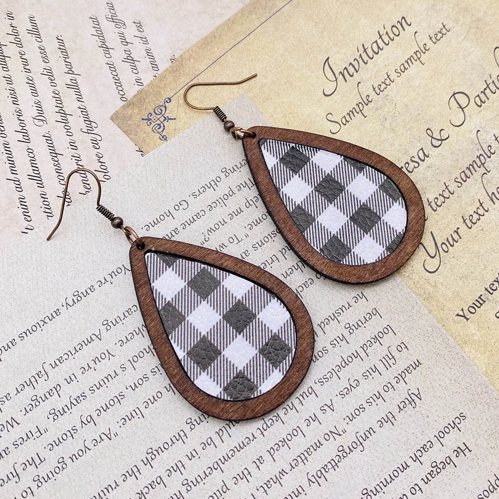 Vintage Waterdrop Cork Leather Earrings For Women Bohemian Fashion Star Plaid Print Female Wooden Jewelry Christmas Gift