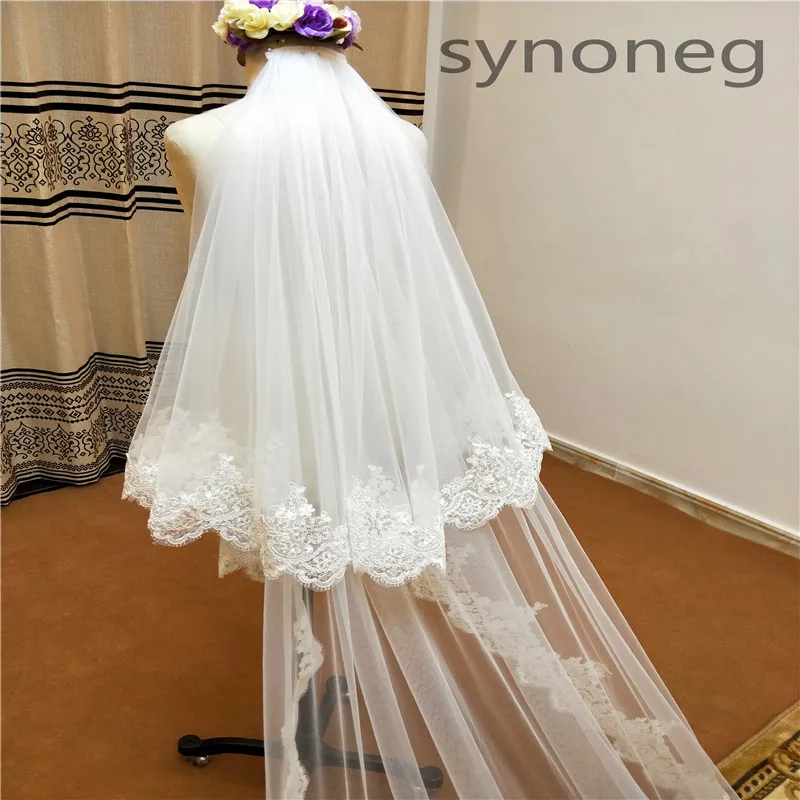 cathedral wedding veil voile de mariee Lace Long Wedding Veils Ivory White One layers Tulle wedding accessories