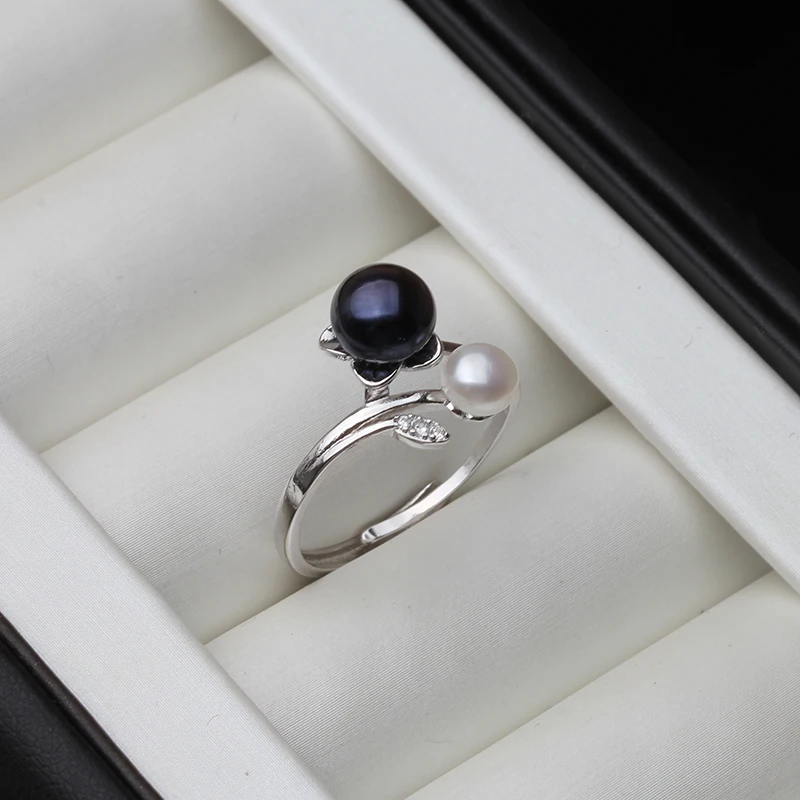 

Black White Natural Freshwater Double Pearl Rings For Women,Cute Adjustable 925 Sterling Silver Pearl Finger Ring Wedding Gift