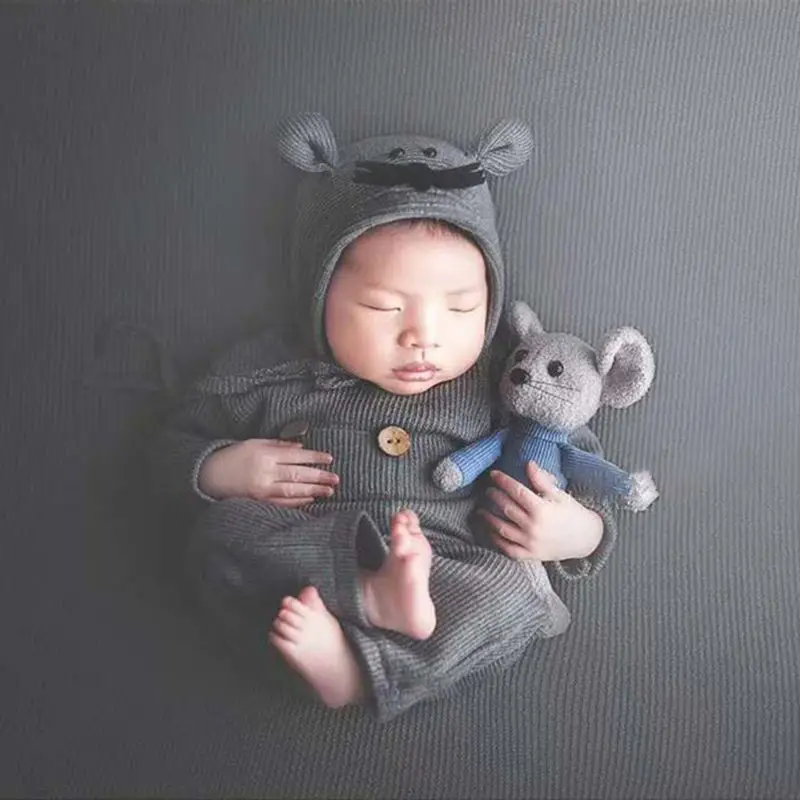 3 Pcs/set Newborn Photography Props Suit Knitted Cotton Jumpsuit Hat Mouse Doll Infant Photo Shooting Clothes Outfits