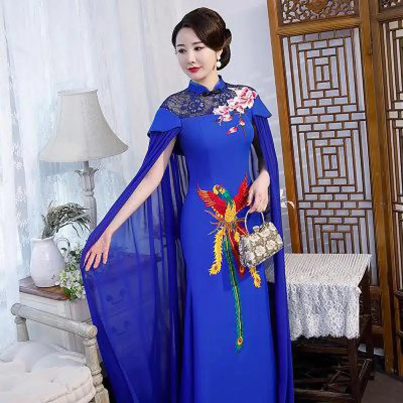 

Novelty New Women Chinese Style Mandarin Collar Embroidery Qipao Wedding Evening Party Lace Dress Classic Slim Cheongsam