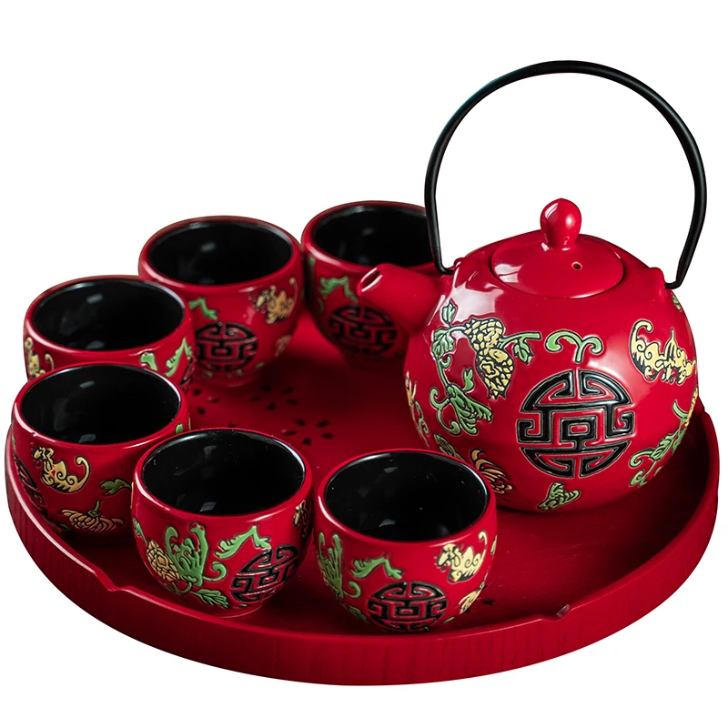 China Red Ceramic Tea Set Home Teapot 6 Teacups Kung Fu Black Tea Jin Jun Mei Teaware Creative Wedding New Wedding Gift Box