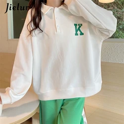 Jielur Autumn Polo Women Hoodies Korean Fashion Streetwear Casual Loose Cool Buttons Letter Print Gray White Black Sweatshirt