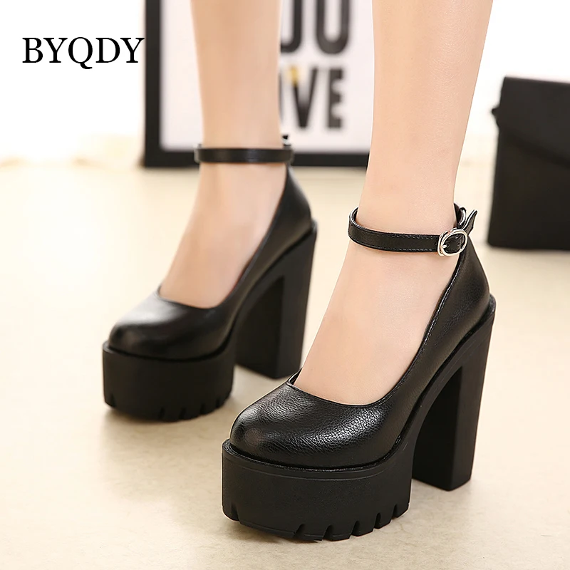 BYQDY Ankle Strap Woman Pumps Chunky Heels Platform Round Toe Ladies Shoes Plus 42 Party Office Pumps Block Heels Spring New