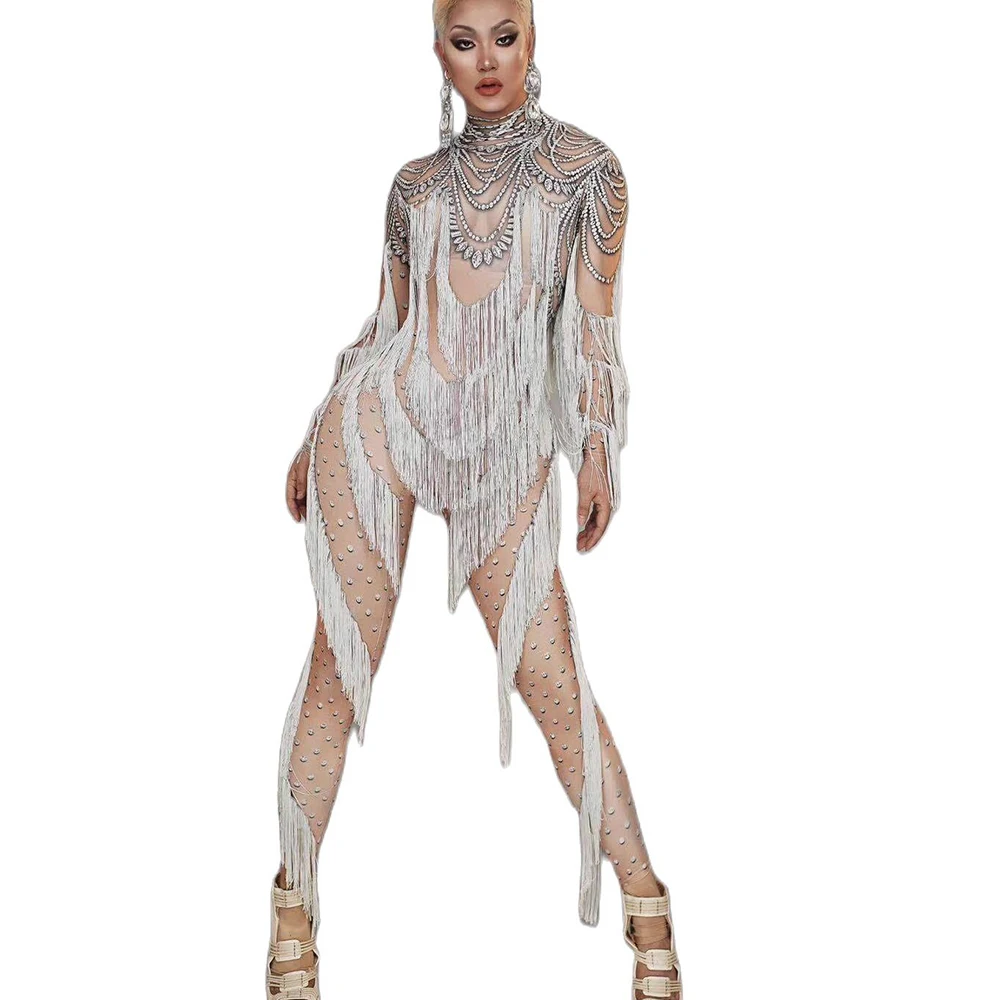 

Gray Tassel Women Long Sleeve Jumpsuits Personality Performance Costume Nightclub Dance Show Wear Party Drag Queen Outfit