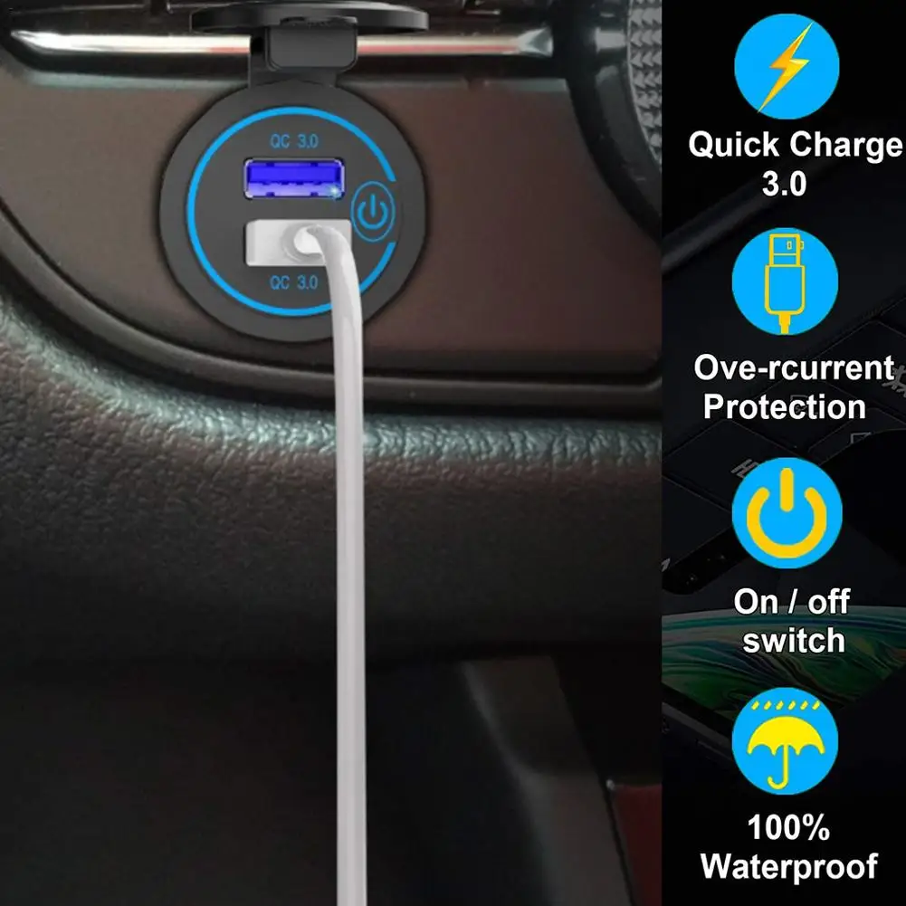 Quick Charge QC3.0 Dual USB Charger Socket Waterproof Power Outlet With Touch Switch For Car Boat Motorcycle Truck And More