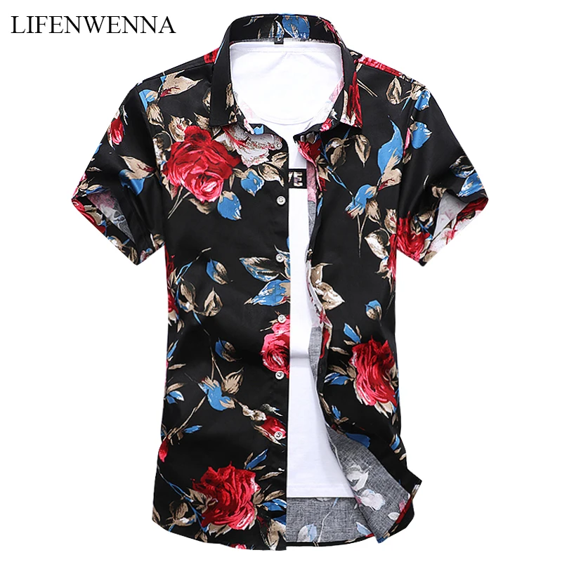 M-7XL New Summer Fashion Mens Shirt Slim Fit Short Sleeve Floral Shirt Mens Clothing Cotton Plus Size Mens Casual Flower Shirts
