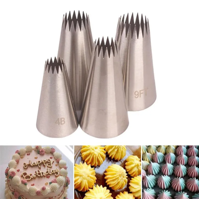 4pcs Large Icing Piping Nozzles For Decorating Cake Baking Cookie Cupcake Piping Nozzle Stainless Steel Pastry Tips #4B #9FT