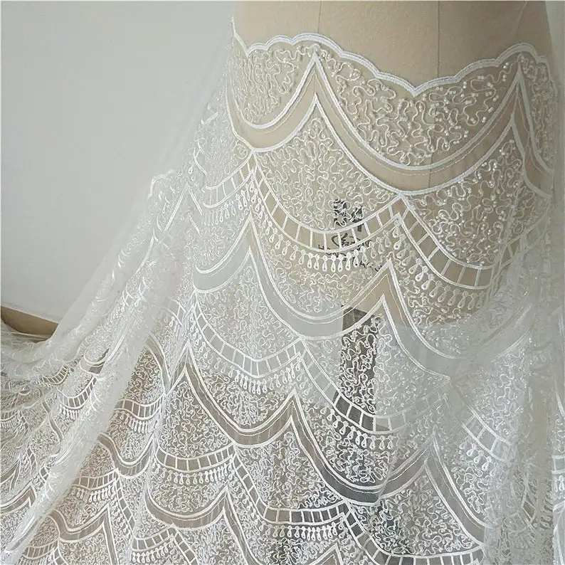 Gorgeous Lace Fabric With Heavy Beaded And Sequins Fabric For Bridal Dress, Wedding Dress, Table Runner, Curtain, Clothing