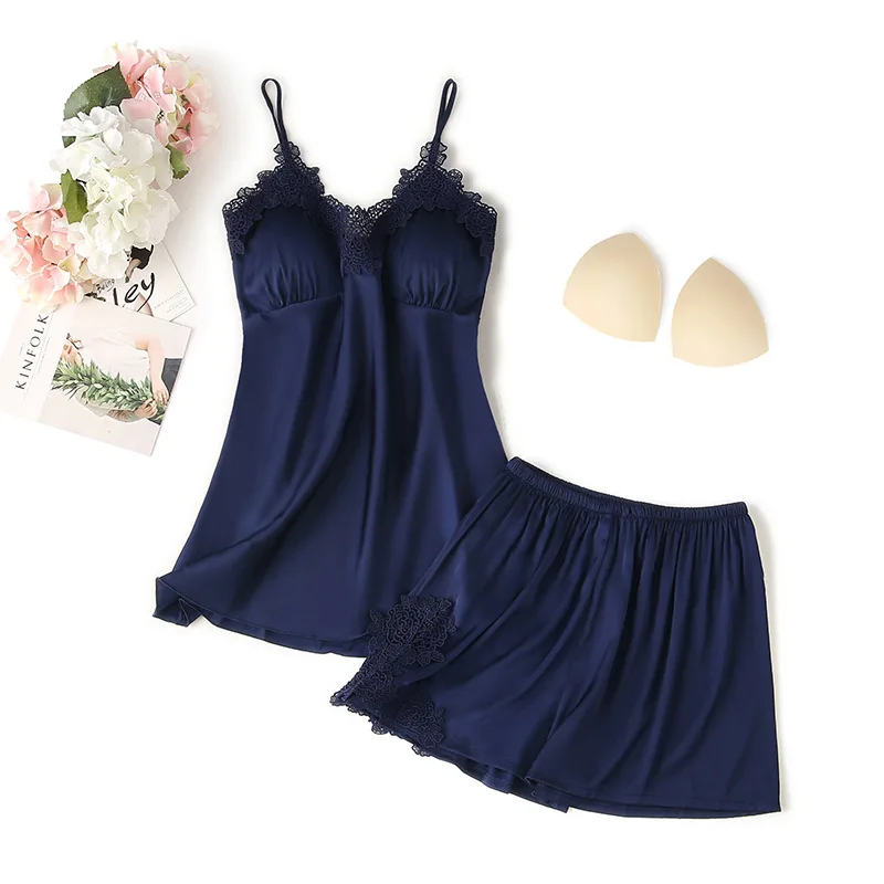 Women Lace Flower Trim 2PCS Women Pajamas Set Sexy Strap Top&Shorts With Bra Sleepwear Summer New Casual Solid Satin Nightwear