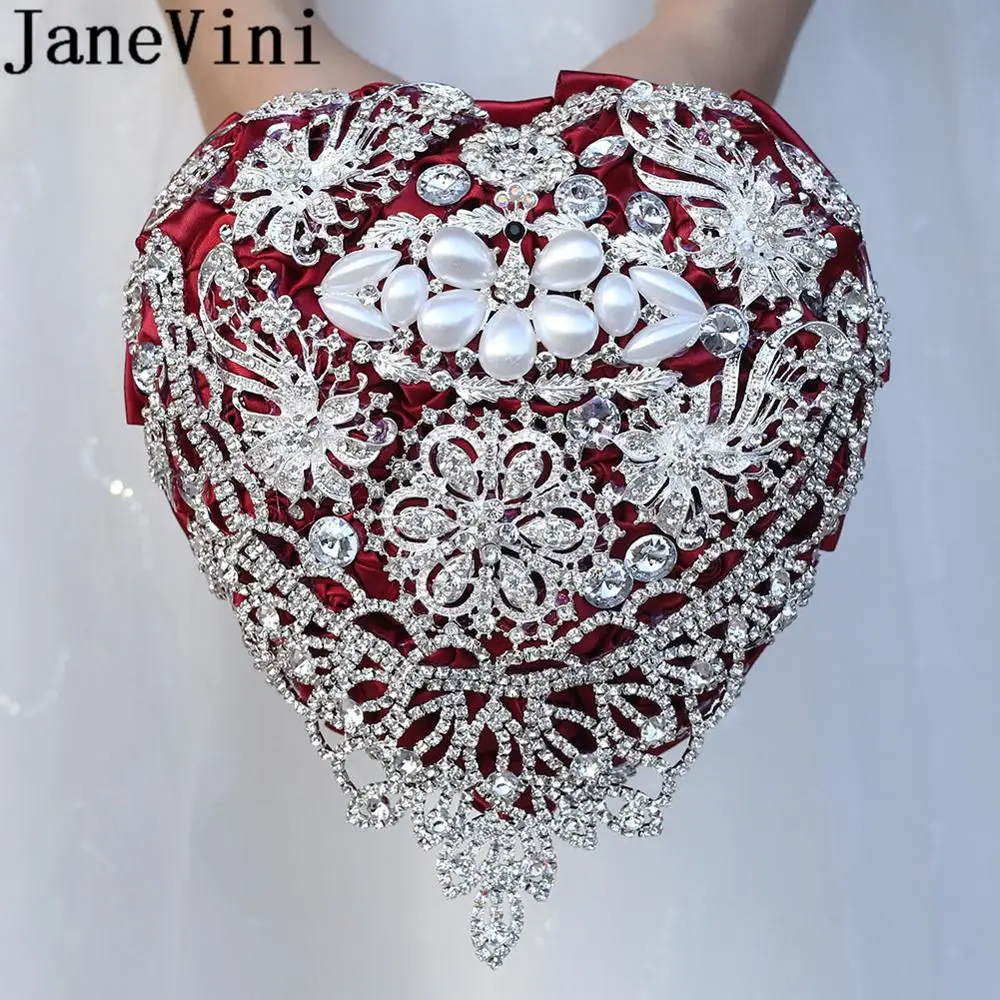 JaneVini Luxury Crystal Heart-shaped Wedding Bouquet Satin Rose Articielle Silver Rhinestones Diamond Pearl Bridal Bouquets 2019