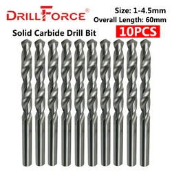 Drillforce 10PCS 1mm-4.5mmx60mm OAL Solid Carbide Drill Bits Set, Bright Round Shank, Spiral Flute Twist Drill Bit For Metal