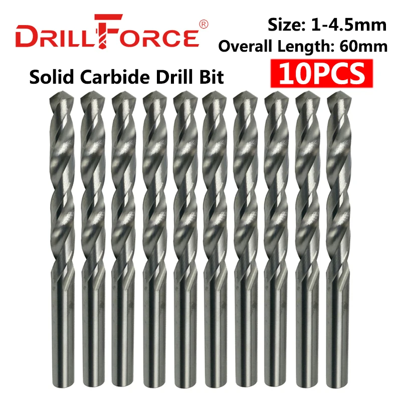 Drillforce 10PCS 1mm-4.5mmx60mm OAL Solid Carbide Drill Bits Set, Bright Round Shank, Spiral Flute Twist Drill Bit For Metal